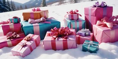 The primary subject of the image is a group of wrapped presents, which are placed on a snow-covered ground. The setting is a winter scene with snow-covered ground, and the visual style is a photo. The colors and mood of the image are predominantly white and pink, giving it a festive and warm atmosphere.